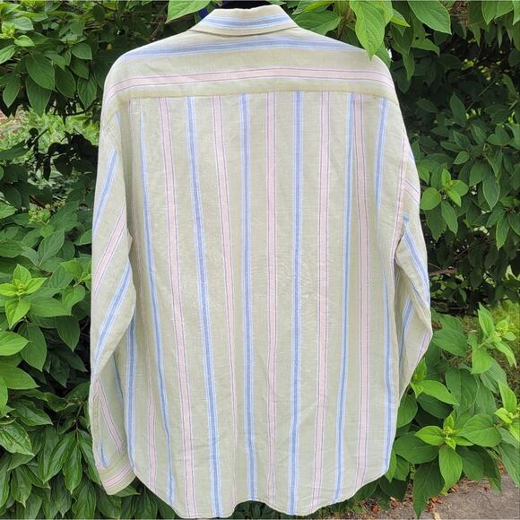 McKenzie Tribe Green Striped Linen Blend Flip Cuff Shirt size Medium - Picture 10 of 11